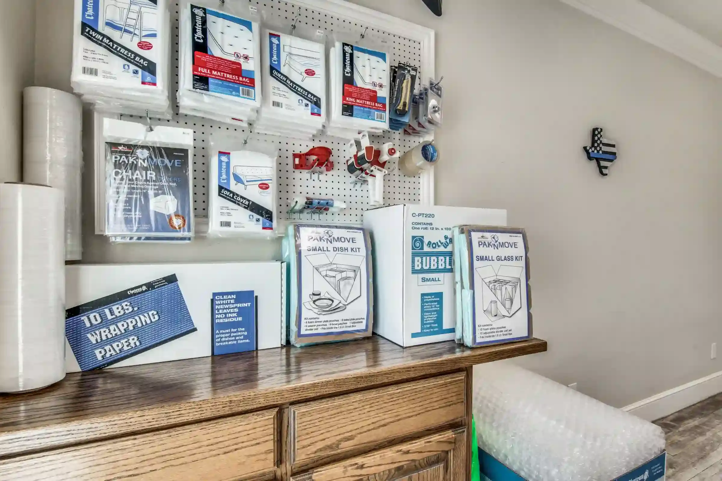 front office with packing supplies