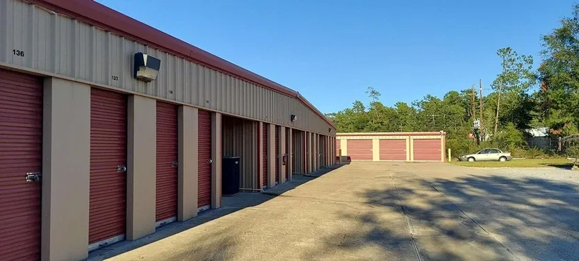 row of self storage units with drive up