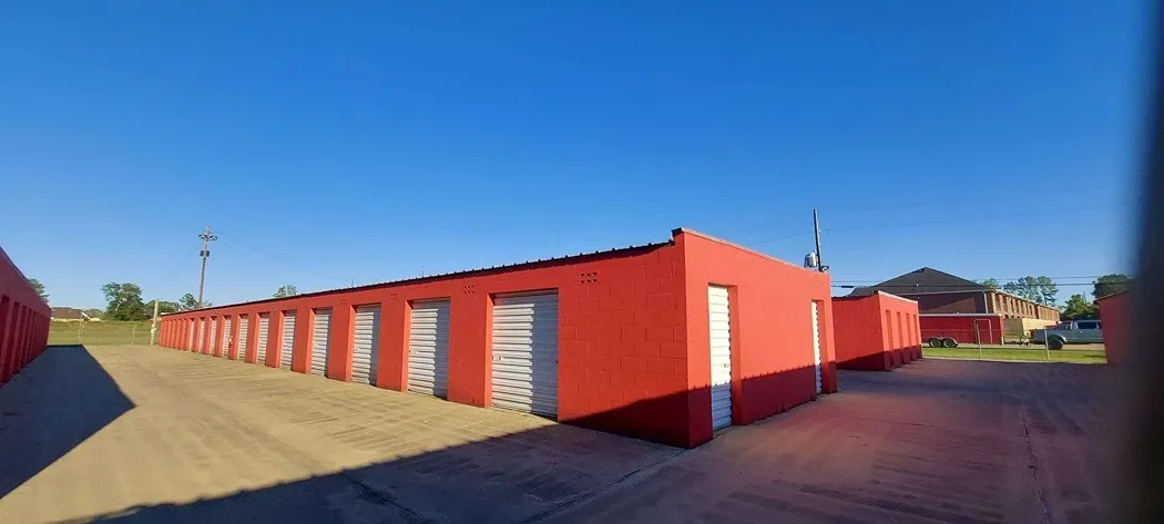 row of self storage units with drive up