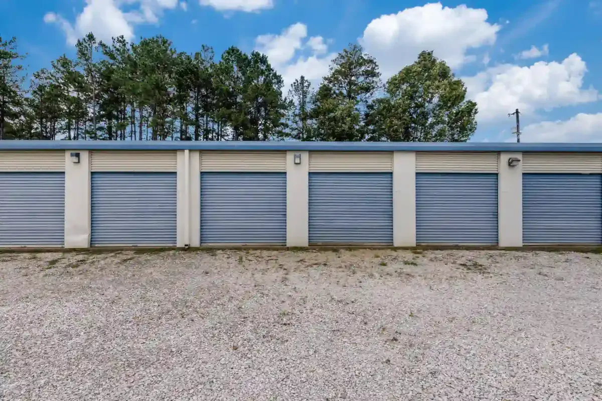 row of self storage units with drive up