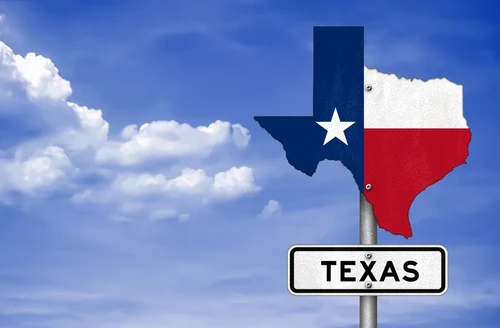 A road sign labeled “Texas” with an accompanying sign shaped like the state against a blue sky.