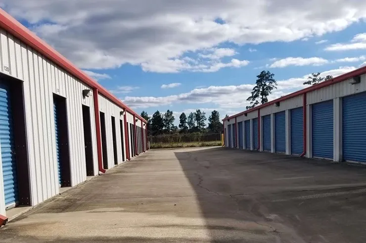 row of self storage units with drive up
