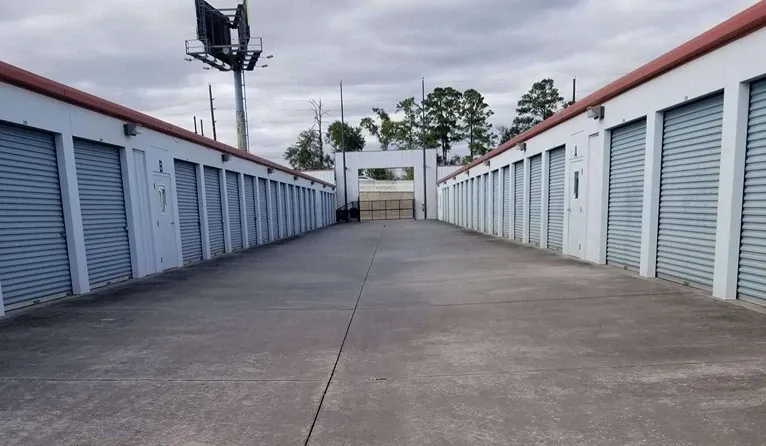 row of self storage units with drive up