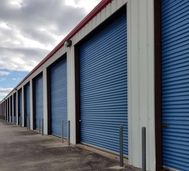 row of self storage units with drive up