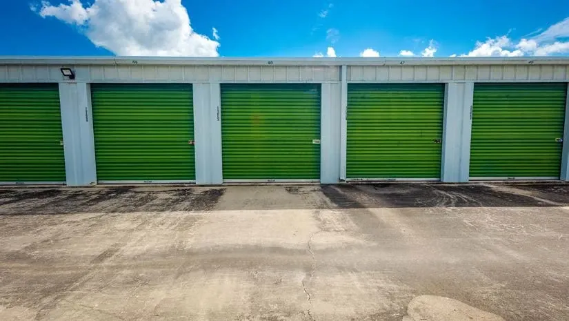 Units at Angleton, green doors, outdoor, drive up storage