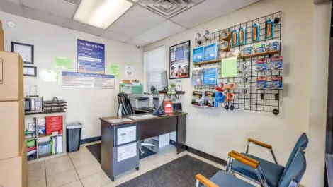 inside a storage facility lobby with packing tools