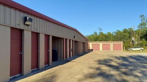 row of self storage units with drive up