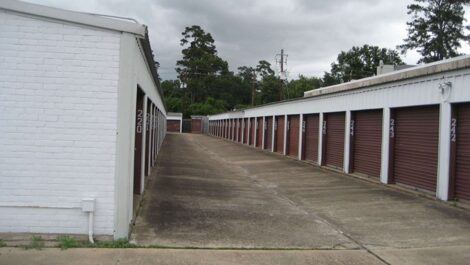 row of self storage units with drive up