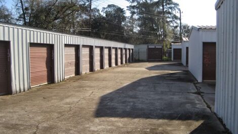 row of self storage units with drive up