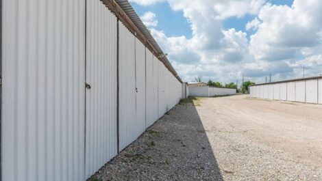 row of self storage units with drive up