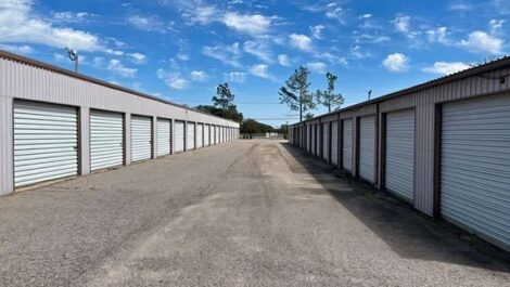 row of self storage units with drive up