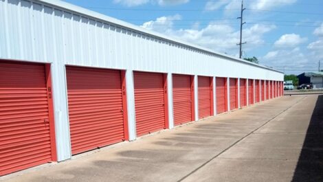 row of self storage units with drive up