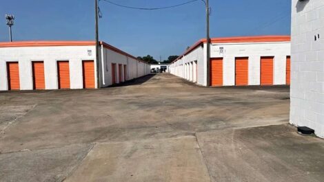 row of self storage units with drive up