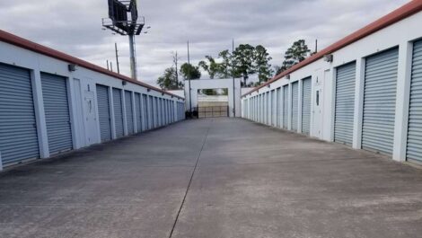 row of self storage units with drive up