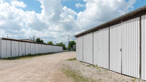 row of self storage units with drive up