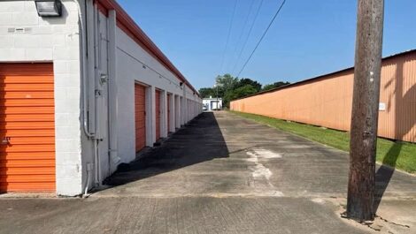 row of self storage units with drive up