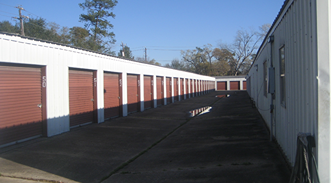 row of self storage units with drive up