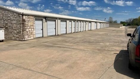 row of self storage units with drive up