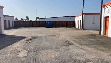 row of self storage units with drive up