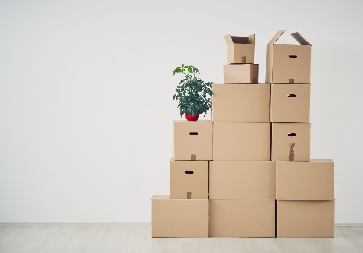 A group of cardboard boxes stacked on each other in front of a blank wall.