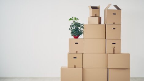 A group of cardboard boxes stacked on each other in front of a blank wall.