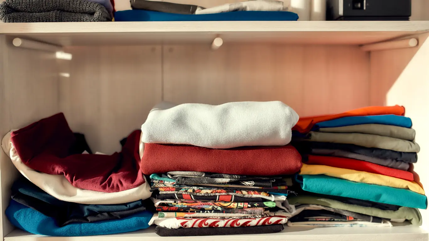 Colorful clothes folded and placed on wooden shelving in a closet.