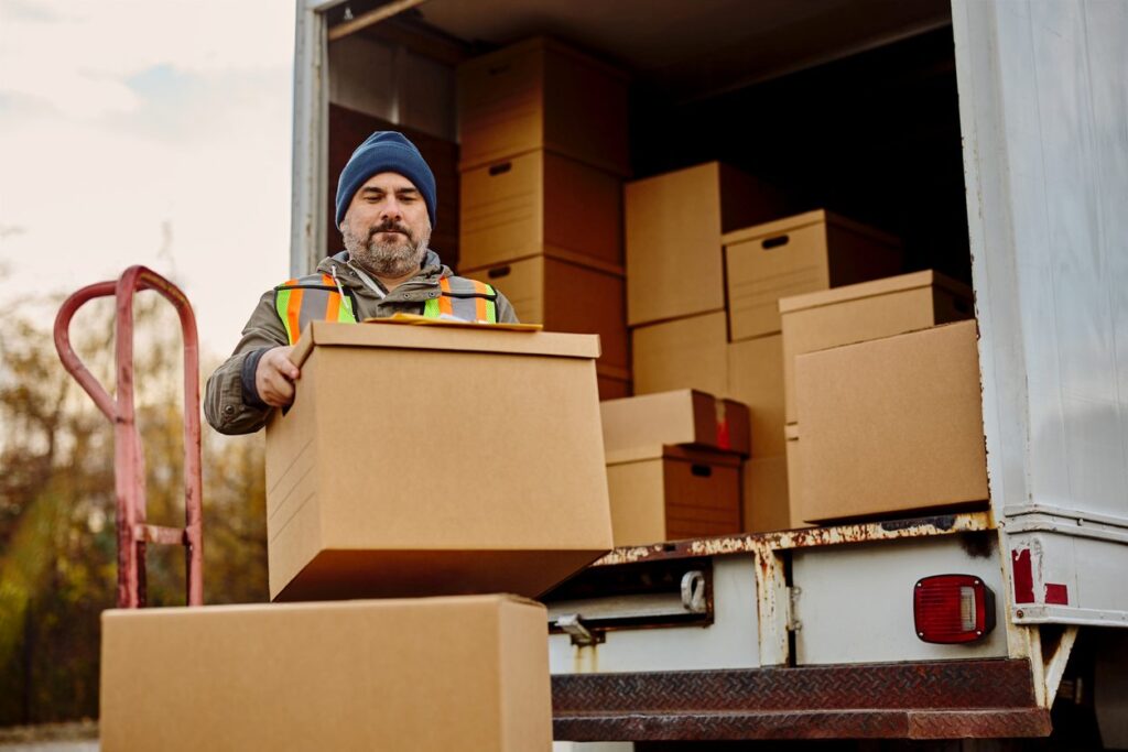 A man loads cardboard boxes from a moving truck.